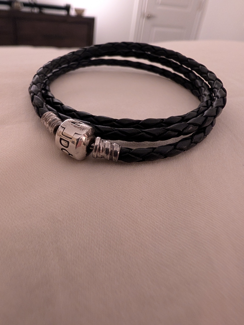 Pandora Black Braided Leather Triple-Wrap Bracelet with Silver Charm
